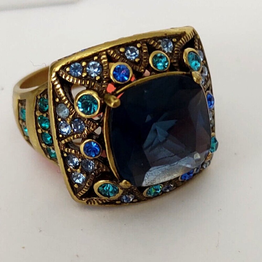 La Vintage Square Blue crystal ring size 11- New  Box - Antique Gold Finish